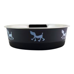 Stainless Steel Pet Bowl with Anti Skid Rubber Base and Dog Design; Gray and Black