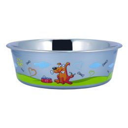 Sneaky Dog Pattern Stainless Steel Pet Bowl with Rubber Base; Multicolor